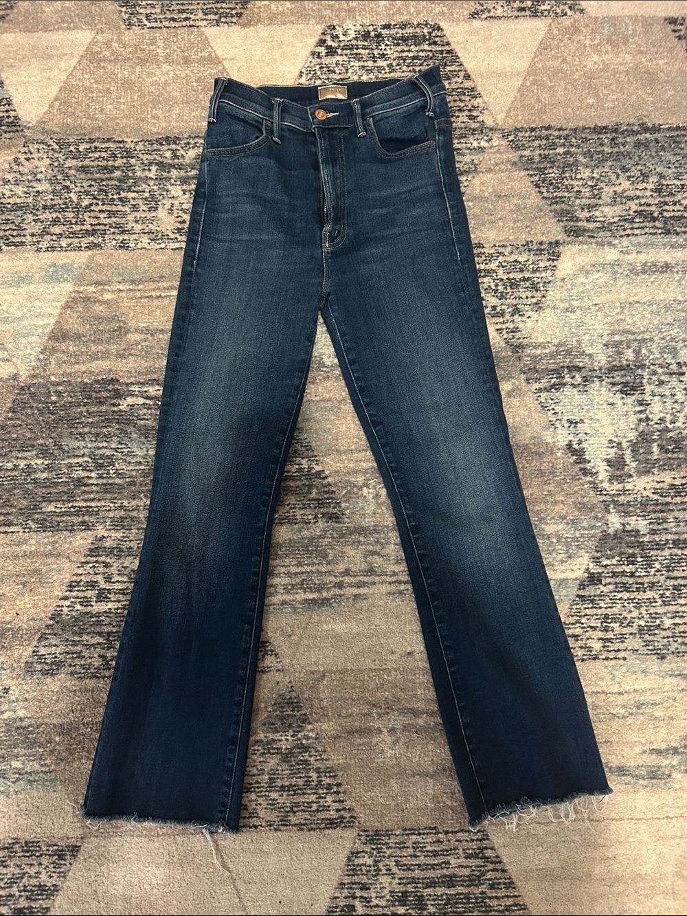 MOTHER Dark Blue High-Rise Flare Jeans with Raw Hem